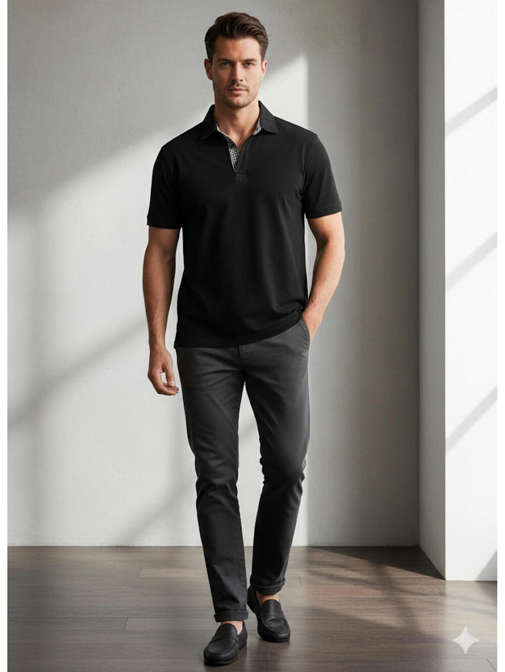 Michael Kors Men's Black Polo Shirt with Checkered Collar XL